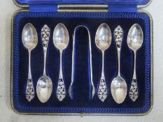 Cased Set Of Six Hallmarked Silver Spoons With Matching Sugar Tongs, Piercework Decorated With