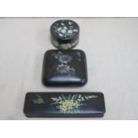 Ebonised, hand painted and floral decorated papier mache collar box, similar glove box with gloves