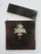 Victorian tortoise shell and silver metal inlaid hinged calling card case, inlaid with a spray of