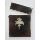Victorian tortoise shell and silver metal inlaid hinged calling card case, inlaid with a spray of