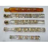Parcel of five 19th century enamelled and coloured and clear glass lachrymatory / tear catchers,