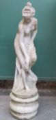 Victorian large stoneware statue depicting a semi clad female, on cylindrical stoneware plinth.