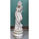 Victorian large stoneware statue depicting a semi clad female, on cylindrical stoneware plinth.