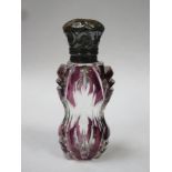 Victorian purple overlay cut glass scent / perfume bottle, with ornately repousse decorated hinged