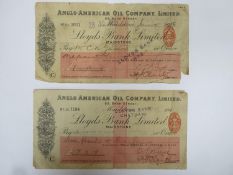 Two early 20th century Lloyds Bank cheques, relating to the Anglo-American Oil Company Ltd,