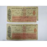 Two early 20th century Lloyds Bank cheques, relating to the Anglo-American Oil Company Ltd,