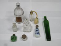 Parcel of various perfume bottles and decanters, small silver topped pin jar etc
