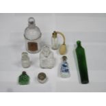 Parcel of various perfume bottles and decanters, small silver topped pin jar etc