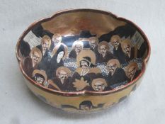 19th CENTURY JAPANESE SATSUMA WARE WAVE EDGED CERAMIC BOWL DECORATED WITH FIGURES THROUGHOUT,