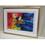 Daniel Jean-Baptiste, framed limited edition polychrome print, depicting a macaw parrot, signed &