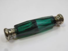 Victorian bristol / bottle green double ended facet cut glass scent bottle, with caps (one hinged)