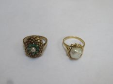 9ct gold dress ring + 14ct gold dress ring, both set with pearl type stone