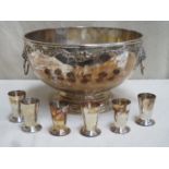 Large vintage silver plated punch bowl, decorated with relief work scrolls and lion head loop
