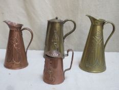 Two art nouveau copper and brass repousse decorated water jugs, plus two similar lidded water