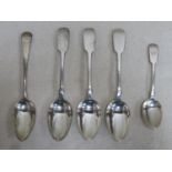 Set of three Georgian hallmarked silver spoons, plus two other Georgian silver spoons. Total