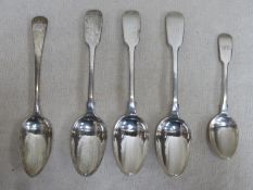 Set of three Georgian hallmarked silver spoons, plus two other Georgian silver spoons. Total
