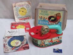 Vintage Gama 54 West German tin-plate clockwork child's Pixie Phone (gramophone), decorated with