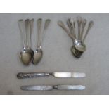 Set of five Georgian hallmarked Scottish silver spoons, set of six hallmarked silver teaspoons + two
