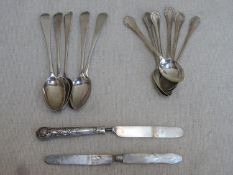Set of five Georgian hallmarked Scottish silver spoons, set of six hallmarked silver teaspoons + two