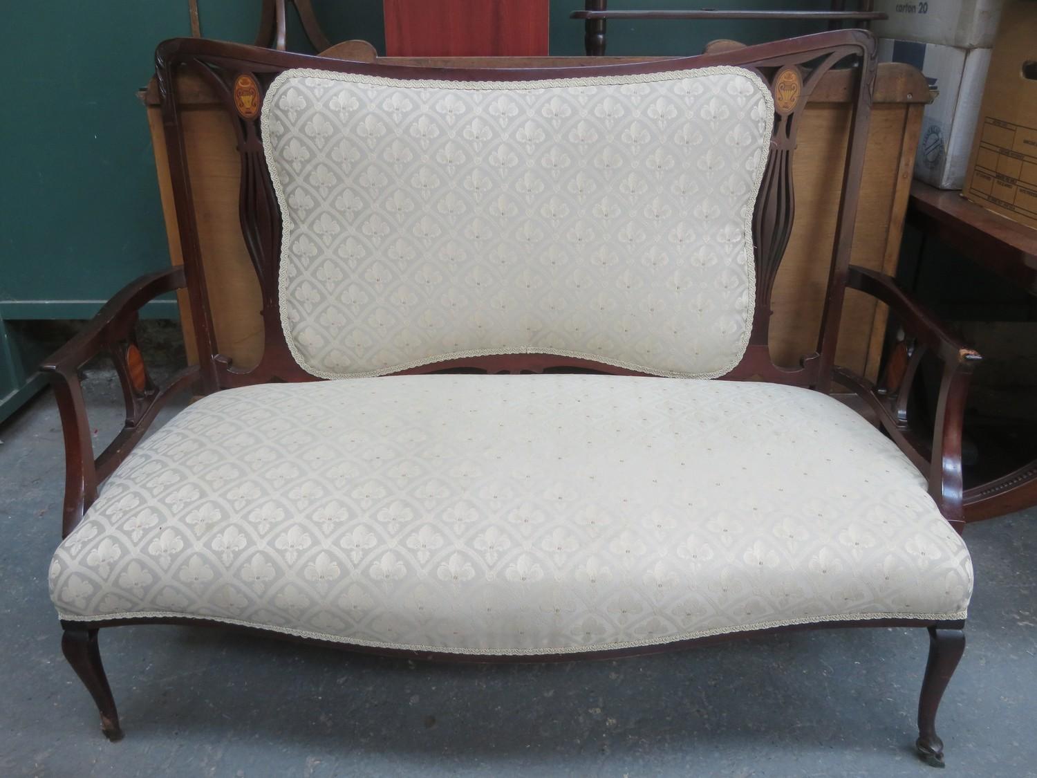 Victorian mahogany pierce work decorated & upholstered salon settee with inlaid panels