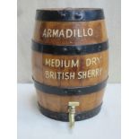 Vintage drinks barrel with brass dispensing tap - Armadillo, Medium British Sherry. Approx. 34.