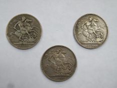 Three Queen Victoria silver crowns, dated 1890, 1989 & 1900