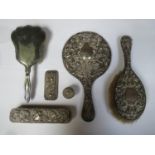 Parcel of hallmarked silver dressing table items, including hand mirror, two brushes and pin jar