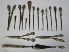 Parcel of hallmarked silver handled button hooks, glove stratchers, shoe horn etc, various assay