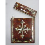 Victorian tortoise shell hinged calling card case, inlaid with mother of pearl and abalone, and fine