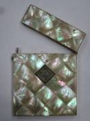 19th century mother of pearl veneered and silver metal inlaid sectional calling card case, decorated
