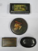 Parcel of four victorian storage boxes, including one with hand painted portrait to lid, another