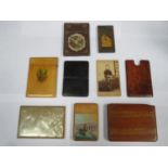 Collection of various calling card cases, one with hand painted harbour scene, plus various treen,