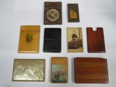 Collection of various calling card cases, one with hand painted harbour scene, plus various treen,