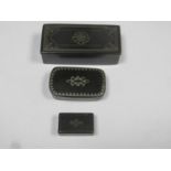 Three various hinged victorian snuff boxes, all with silver coloured metal inlay to lids