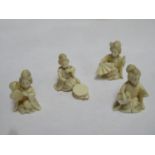 Four miniature heavily carved Oriental ivory seated Geisha figures