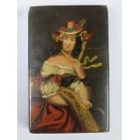 19th century black laquered snuff box with hinged cover, hand painted with female portrait, unsigned