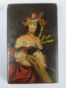 19th century black laquered snuff box with hinged cover, hand painted with female portrait, unsigned