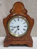 Art Nouveau mahogany cased mantle clock with circular enamelled dial and inlaid and mother of