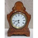 Art Nouveau mahogany cased mantle clock with circular enamelled dial and inlaid and mother of