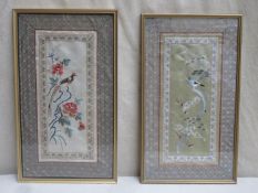 Pair of vintage framed oriental Chinese / Japanese embroidered silk panels depicting perched birds