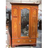 Edwardian mahogany single door mirror fronted wardrobe with marquetry and string inlay throughout