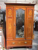 Edwardian mahogany single door mirror fronted wardrobe with marquetry and string inlay throughout