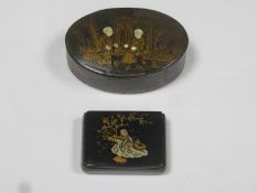 19th Century Japanese chinoisserie lacquered storage box, gilded and decorated with figures to the