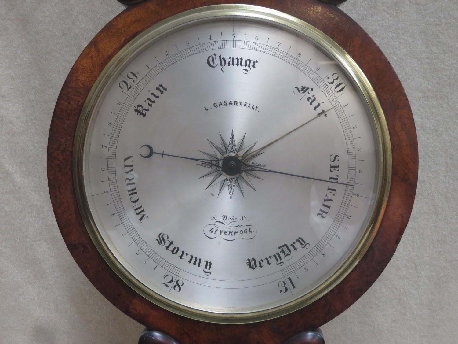 Victorian burr walnut banjo / wheel barometer with star centre silver coloured register and - Image 2 of 2