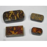 Three various tortoise shell lidded snuff boxes, plus snakeskin lidded snuff box