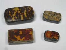 Three various tortoise shell lidded snuff boxes, plus snakeskin lidded snuff box