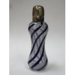 19th century hand blown glass perfume / scent bottle, decorated with bristol blue and white swirls