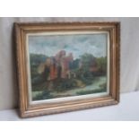 Gilt framed oil on canvas depicting a British castle scene, signed to bottom right, indistinct.