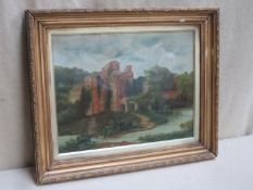 Gilt framed oil on canvas depicting a British castle scene, signed to bottom right, indistinct.