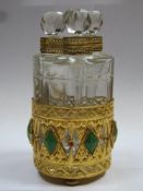Pretty victorian etched and cut glass triple scent bottles and stoppers, within jewelled gilt